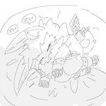 anthro bed belt blush chibi claws curled_tail eyes_closed furniture male melee_weapon sleeping solo sword tail weapon winged_arms wings mkz_kabeuchi bandai_namco digimon digimon_ghost_game digimon_(species) lamortmon 1:1 hi_res monochrome