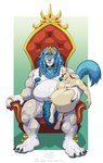 anthro belly belly_grab big_belly blue_hair blush bodily_fluids chair crown cum cum_inflation cum_inside duo facial_piercing fur furniture genital_fluids genitals hair headgear holding_belly inflation male male/male muscular muscular_male nipples nose_piercing nose_ring penile_spines penis piercing ring_piercing royalty septum_piercing septum_ring size_difference throne white_body white_fur wolfsecret girrominox felid lion mammal pantherine wuzzle hi_res