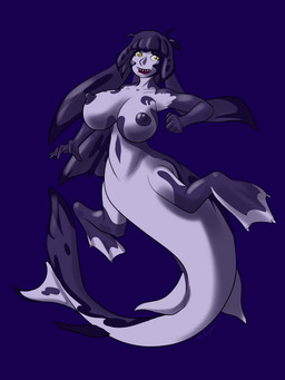 5_fingers anthro apode areola big_breasts black_areola black_hair black_nipples blue_background breasts female female_anthro fingers hair humanoid_face legless looking_at_viewer markings membrane_(anatomy) nipples non-mammal_breasts non-mammal_nipples nude nude_anthro nude_female open_mouth open_smile pseudo_hair pupils serpentine sharp_teeth simple_background slit_pupils smile solo teeth text underwater water webbed_hands white_markings yellow_eyes halcy0n aquatic draconcopode fish naga shark 2016 3:4 artist_name colored signature