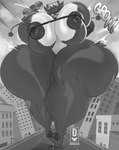 anthro areola big_breasts breasts city clothing cracks crop_top destruction electronics exclamation_point female fingerless_gloves genitals gloves hair handwear headphones holding_object hooved_toes hooves huge_breasts huge_hips huge_thighs hyper hyper_breasts hyper_hips hyper_thighs ineffective_clothing looking_at_viewer macro nipples nude open_mouth pussy shirt solo text thick_thighs topwear visor wide_hips daiidalus epic_games fortnite dj_bop alpaca camelid mammal 2023 english_text hi_res monochrome