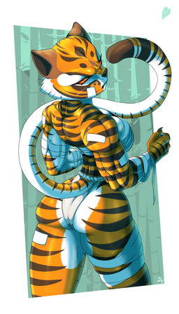 anthro asian_clothing band-aid bandage big_breasts big_butt black_nose breasts brown_stripes butt chest_wraps cleavage clothed clothing colored_nails east_asian_clothing eyelashes female fundoshi fur grey_nails japanese_clothing long_tail looking_at_viewer looking_back looking_back_at_viewer muscular muscular_female nails orange_body orange_fur pupils red_eyes slit_pupils solo stripes tail thick_thighs underwear white_body white_fur wide_hips wraps yellow_sclera hiliwd dreamworks kung_fu_panda master_tigress felid mammal pantherine tiger absurd_res hi_res