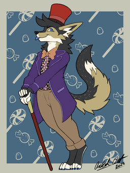 blep bow_tie candy cane clothing dessert food hat headgear headwear male purple_clothing purple_suit purple_suit_jacket solo suit tail tongue tongue_out top_hat arkailart arkail_(randomlucario) willy_wonka canid canine canis jackal mammal absurd_res hi_res