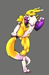 ambiguous_gender anthro bandai_namco canid chest_tuft claws clothing digimon digimon_(species) digitigrade featureless_crotch gloves handwear mammal muscular natuprunk navel one_foot_raised open_mouth renamon solo tuft yin_yang