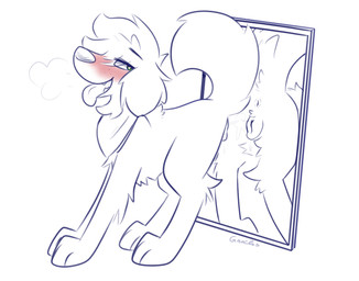 anatomically_correct anatomically_correct_genitalia animal_genitalia animal_vulva anus blush bodily_fluids canine_genitalia canine_vulva curled_tail female feral floating_eyebrows floppy_ears genitals kerchief looking_back mirror plump_labia raised_tail reflection solo tail tail_anus tongue tongue_out vulva vixeyhuskybutt gracie_(vixeyhuskybutt) bird_dog canid canine canis domestic_dog golden_retriever hunting_dog mammal retriever