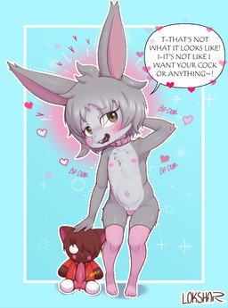 animal_dildo animal_sex_toy anthro areola biped blush blush_lines bodily_fluids brown_eyes buckteeth camel_toe canine_dildo clothing collar countershade_face countershade_fur countershade_torso countershading dialogue dildo eyebrows female flat_chested front_view fur genital_outline genitals grey_body grey_fur grey_hair hair hand_behind_head heart_maebari heart_symbol humanoid_genitalia humanoid_vulva legwear maebari mostly_nude multicolored_body multicolored_fur navel nipples open_mouth pink_stockings plushie saliva sex_toy short_hair simple_background solo speech_bubble standing stockings sweat teeth text thigh_highs tongue two_tone_body two_tone_fur vulva vulva_outline white_body white_countershading white_fur young young_anthro young_female ultama_lokshar lagomorph leporid mammal rabbit 2026 alternate_version_at_paywall english_text hi_res