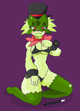 anthro bikini bow_tie breasts clothing cuff_(restraint) female fur green_body green_fur hat headgear headwear kneeling magic_wand restraints solo swimwear top_hat two-piece_swimsuit wrist_cuffs cool_cola nintendo pokemon generation_9_pokemon meowscarada pokemon_(species)