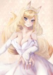 blonde_hair blue_eyes blush breasts bride cleavage clothed clothing digit_ring dress female fur hair headgear inner_ear_fluff jewelry markings mole_(marking) ring smile solo tuft wedding_dress wedding_gloves wedding_ring wedding_veil white_body white_fur shi_huaan_ling_feeng arknights hypergryph studio_montagne whislash_(arknights) animal_humanoid equid equid_humanoid equine equine_humanoid humanoid mammal mammal_humanoid 2020 hi_res portrait three-quarter_portrait