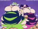 animal_humanoid belly big_belly big_breasts breasts burger callie_(splatoon) cephalopod cephalopod_humanoid chubby_cheeks clothing dress duo eating female food gloves handwear hat headgear headwear huge_breasts humanoid hyper inkling legwear marie_(splatoon) marine marine_humanoid mollusk mollusk_humanoid nekocrispy nintendo obese obese_female obese_humanoid overweight overweight_female overweight_humanoid pizza purple_background signature simple_background splatoon squid_sisters_(splatoon) stuffing text thick_thighs tights torn_clothing url weight_gain wide_hips