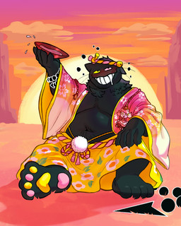 alcohol anthro asian_clothing barazoku belly beverage big_muscles big_pecs black_body black_fur blush body_hair bottomwear clothing detailed_background east_asian_clothing fur hairy happy_trail heterochromia japanese japanese_clothing kemono male muscular overweight pawpads paws pecs sake skirt slightly_chubby smile solo vasgore deltarune undertale_(series) friend_(deltarune) mew_mew_(undertale) domestic_cat felid feline felis humanoid mammal absurd_res hi_res