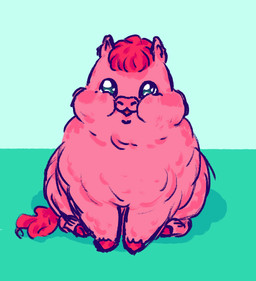 ambiguous_feral ambiguous_gender feral front_view fur hair hooves monotone_body monotone_fur obese obese_feral open_mouth overweight overweight_feral pink_body pink_fur pink_hair pink_hooves pink_tail simple_background sitting smile solo sparkles sparkling_eyes tail young young_ambiguous young_feral an0n_g1rl fluffy_pony fluffy_pony_(species) mammal 2026 digital_media_(artwork) hi_res shaded