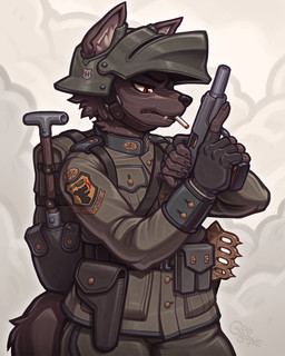 anthro armor cigarette clothed clothing facial_scar fingerless_gloves fur gloves gun hair handgun handwear headgear helmet helmet_straps holding_gun holding_object holding_ranged_weapon holding_weapon knife knife_sheath male patch_(fabric) ranged_weapon scar shovel smoke smoking solo tail text tools topwear uniform weapon goobone mythology canid canid_demon canine canis demon hellhound mammal mythological_canine mythological_creature 4:5 hi_res