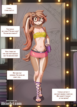 anthro biped black_nose bottomwear breasts cleavage clothed clothing clothing_store eyebrows eyewear female fingers fitting_room footwear g-string glasses hair inner_boob long_hair miniskirt navel shoes skirt small_breasts solo store tail text thong_straps topwear tube_top underwear alcorart conditional_dnp phoebe_(alcorart) bird_dog canid canine canis domestic_dog hunting_dog mammal spaniel 2025 artist_name comic digital_media_(artwork) english_text full-length_portrait hi_res portrait url