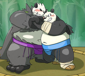 3_toes 5_fingers angry anthro asian_clothing bamboo bamboo_forest bamboo_stick bandage bandaged_arm bandaged_foot bangs belly big_belly black_body black_cape black_claws black_clothing black_eyebrows black_eyes black_feet black_nose blue_mawashi blush bodily_fluids bottomwear cape claws clothed clothing deep_navel duo ears_up east_asian_clothing eyebrows fat_belly feet fight fighting_back fighting_pose fighting_ring fingers forest forest_background fur grin hair happy hug hugging_another hugging_from_behind japanese_clothing kemono leaf leaf_on_mouth long_story love male male/male mawashi nature nature_background navel navel_focus obese obese_anthro obese_humanoid obese_male overweight overweight_anthro overweight_humanoid overweight_male pattern_background plant pose purple_mawashi rivalry rivals simple_background size_difference smile smiling_at_another sumo sumo_pose sumo_ring sumo_wrestler sumo_wrestling sweat sweaty_body sweaty_face teeth teeth_showing through toes touching_hand touching_hands toying_each_other tree vein veiny_arms white_belly white_body white_eyes white_fur white_hair white_navel wrestling hisashino dreamworks kung_fu_panda nintendo pokemon goronda master_po_ping arthropod bear felid generation_6_pokemon giant_panda humanoid mammal pangoro pokemon_(species) 2018 hi_res story story_in_description