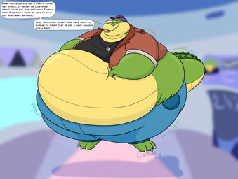 anthro belly big_belly biped bottomwear clothing green_body hat headgear headwear inflation male obese obese_male open_mouth overweight overweight_male pants shirt solo text topwear gargocorey brok_the_investigator cowcat_games brok_(brok_the_investigator) alligator alligatorid crocodilian reptile scalie 2025 english_text hi_res