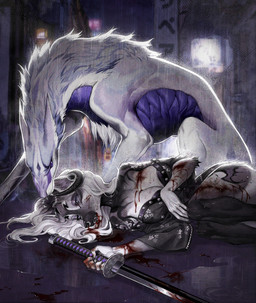 anthro biped black_body black_markings black_nose blood blue_body blue_eyes bodily_fluids breasts city claws cleavage clothed clothing corpse countershade_torso countershading death duo ear_piercing eyebrows female feral gore hair holding_melee_weapon holding_object holding_sword holding_weapon inner_ear_fluff katana leg_markings markings melee_weapon multicolored_body night on_ground open_mouth outside piercing raining red_clothing sharp_teeth socks_(marking) standing sword teeth tuft two_tone_body weapon white_body white_hair wounded frank-79 ambiguous_species canid canine mammal 2022 hi_res