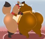 anthro big_butt brown_body brown_fur brown_hair bubble_butt butt clenched_teeth duo eye_contact fur hair hair_bun huge_butt huge_thighs looking_at_another male obese overweight standing sumo sumo_wrestling teeth thick_thighs wide_hips wrestling megacoolbear_(artist) cinna_(megacoolbear) bear canid canine mammal raccoon_dog tanuki