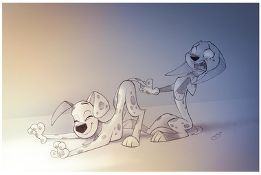 duo female feral male toony sherwoodwhisper 101_dalmatian_street 101_dalmatians disney dolly_(101_dalmatians) dylan_(101_dalmatians) canid canine canis dalmatian domestic_dog mammal