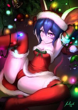 anthro armwear blue_hair blush bow_ribbon breasts christmas_clothing christmas_headwear christmas_tree cleavage clothed clothing detailed_background dress elbow_gloves eyebrows eyelashes female footwear fur gloves hair hands_behind_head handwear hat headgear headwear holidays legwear lights looking_at_viewer medium_breasts ornament panties pink_eyes plant santa_hat shoes short_hair solo spread_legs spreading text thigh_highs tree underwear white_body white_fur jecbrush christmas amalia_(jecbrush) mammal mouse murid murine rodent 2022 artist_name hi_res signature