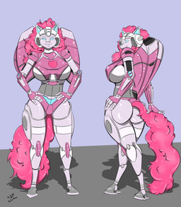 anthro anthrofied big_breasts blue_eyes breasts female hair hooves machine pink_body pink_hair solo tail sailoranna friendship_is_magic hasbro my_little_pony takara_tomy transformers arcee pinkie_pie_(mlp) robot hi_res