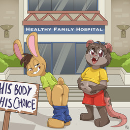 anthro biped black_markings bottomwear bottomwear_down brown_hair buckteeth butt clothed clothing day duo eyebrows fur gloves_(marking) green_clothing green_shirt green_topwear grey_body grey_fur grin hair half-closed_eyes hospital leg_markings looking_at_viewer looking_back looking_back_at_viewer male markings narrowed_eyes navel open_mouth outside pants pants_down partially_clothed plantigrade presenting presenting_hindquarters public public_exposure red_bottomwear red_clothing red_nose red_shorts scut_tail shirt short_hair short_tail shorts sign slightly_chubby slightly_chubby_male smile socks_(marking) tail tan_body tan_fur teeth text tongue topwear young young_anthro young_male fuf american_opossum lagomorph leporid mammal marsupial rabbit 1:1 2026 english_text hi_res