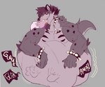 ambiguous_gender ambiguous_prey anthro collar imprint imprint_head lying male male_pred muffled on_front rumbling_stomach spiked_collar spiked_waistband spikes squirming squirming_belly tongue unwilling_prey vore canisd wild_(wildside) hyena mammal 2022