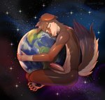 anthro butt claws cosmos earth eyes_closed feet femboy foreskin fur genitals giga hair holding_object in_space macro male nude paws peaceful penis planet sky solo space star tail toes scarlet_side canid canine canis mammal 2024 digital_media_(artwork) hi_res