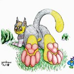 anthro ass_up black_body black_fur butt ear_piercing eyewear feet flower foot_fetish fur glasses grass looking_at_viewer looking_back lying lying_on_ground male on_front on_ground pawpads paws piercing pink_paws plant presenting presenting_hindquarters raised_tail smile smiling_at_viewer solo tail yellow_body yellow_fur yordraw felid feline mammal 1:1 absurd_res hi_res traditional_media_(artwork)