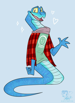 anthro apode awkward_smile blue_body blue_scales blue_tail clothed clothing flannel_shirt forked_tongue gesture legless looking_at_viewer male open_mouth scales scarf serpentine shirt simple_background smile snaggle_tooth solo t-shirt tail teeth tongue topwear waving waving_at_viewer year yellow_eyes bublijoestar disney zootopia gary_de'snake draconcopode naga pit_viper reptile scalie snake viper digital_media_(artwork) hi_res