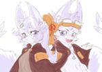 anthro big_ears breasts clothing duo female fur hair male simple_background tail white_background white_body white_fur white_hair white_tail oro_neko konami yu-gi-oh! donpa_marksman_fur_hire fur_hire recon_scout_fur_hire canid canine duel_monster fennec_fox fox mammal true_fox