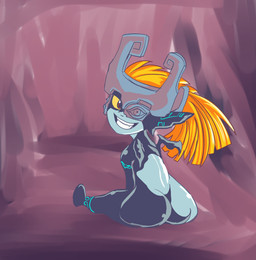 armor big_butt bubble_butt butt clothing female fused_shadow hair headgear headgear_only headwear helmet helmet_only looking_at_viewer looking_back looking_back_at_viewer not_furry nude orange_hair sitting smile solo tofutiles nintendo the_legend_of_zelda twilight_princess midna humanoid imp twili