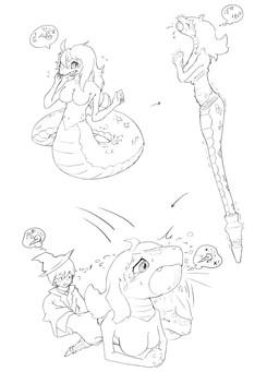 after_transformation anthro apode ball_gag breasts clothed clothing directional_arrow duo fangs featureless_breasts female feral gag gender_transformation hair iconography inanimate_transformation legless loss_of_speech magic_user magic_wand male mtf_transformation navel nude orb scales serpentine shrunk shrunken simple_background split_form teeth thought_bubble transformation white_background kareha_21909 draconcopode lamia naga reptile scalie snake 3:4 black_and_white hi_res monochrome
