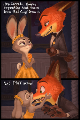 anthro black_border black_nose border clothed clothed_female clothed_male clothing dialogue dipstick_ears dress duo ear_markings eyes_closed female female_anthro fur grey_body grey_fur humor larger_male male male/female male_anthro multicolored_ears muzzle_in_mouth open_mouth pink_nose scut_tail short_tail size_difference smaller_female tail teeth text hareluca disney zootopia judy_hopps nick_wilde canid canine european_rabbit fox lagomorph leporid mammal oryctolagus rabbit red_fox true_fox 2:3 absurd_res comic english_text hi_res