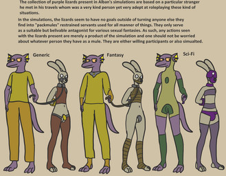 ambiguous_gender anthro arm_cuffs bridle chastity_cage chastity_device collar duo leash leashed_collar packmule rape_play simulation text toeless_legwear trinitite unnamed_character lagomorph mammal purple_lizard_(trinitite) english_text model_sheet