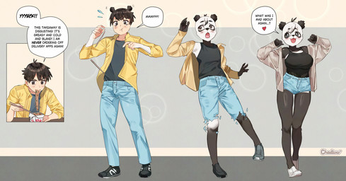 anthro big_breasts black_body black_fur black_hair blush bottomwear breast_growth breasts chopsticks clothing denim denim_bottomwear denim_clothing dialogue eating_noodles female food footwear fur gender_transformation growth hair heart_symbol holding_chopsticks holding_object human_to_anthro jacket jeans male mtf_transformation noodles on_one_leg open_mouth pants shoes shorts simple_background smile solo species_transformation standing surprised text topwear transformation white_body white_fur chadtow-z bear giant_panda human mammal 2025 digital_media_(artwork) english_text hi_res sequence