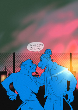 angry anthro arm_grab biped bottomwear claws clothing dialogue duo ears_back fence fight hair hair_bun inner_ear_fluff jacket male pants pawpads pivoted_ears sharp_teeth short_hair speech_bubble standing sunset teeth text topwear tuft ninetht felid mammal digital_media_(artwork) english_text hi_res