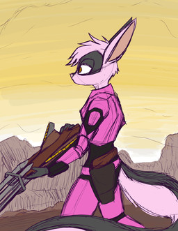 anthro armor breasts clothed clothing female fluffy fur gun hair long_tail pink_body pink_fur pink_hair ranged_weapon rifle solo tail weapon unknown_artist dreamkeepers viriathus_vayu hybrid lagomorph leporid mammal rabbit hi_res sketch source_request