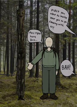 anthro camouflaged dialogue duo female forest forest_background humor male outside photo plant speech_bubble tree flintchips anon arthropod human insect mammal phasmid stick_insect hi_res