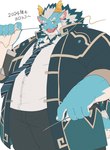 anthro beard belly clothing eyebrows facial_hair hair horn looking_at_viewer male mature_male necktie overweight simple_background smile solo text thick_eyebrows uniform whiskers white_background white_hair yellow_eyes yuuuki_dogs lifewonders mythology tokyo_afterschool_summoners qinglong_(tas) dragon mythological_creature mythological_scalie scalie 2024 absurd_res hi_res japanese_text