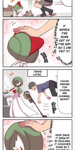 4_panel_comic blush chest_spike cleaning clothing cooking dialogue dress duo evolutionary_family eyes_closed female female_humanoid floating frying green_body green_hair hair hand_on_hip head_spike headpat heart_symbol male male_human plushie pseudo_clothing pseudo_hair red_eyes spikes spikes_(anatomy) telekinesis text time_skip young young_humanoid pakkopako nintendo pokemon gardevoir generation_3_pokemon human humanoid mammal pokemon_(species) ralts 2026 comic digital_drawing_(artwork) digital_media_(artwork) english_text hi_res translated