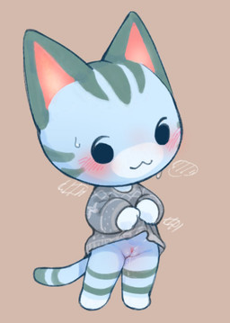 anthro blue_body blue_fur blush blush_lines bodily_fluids bottomless bottomless_anthro chibi clitoral_hood clothed clothing clothing_lift female fur genital_fluids genitals grey_body grey_fur multicolored_body musk musk_cloud no_underwear plump_labia red_inner_ear simple_background solo sweat vaginal_fluids vulva kirichiiii animal_crossing nintendo lolly_(animal_crossing) felid mammal 2025 colored digital_drawing_(artwork) digital_media_(artwork)
