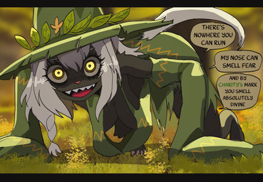2025 absurd_res all_fours anthro badger basedbinkie black_body black_fur breasts claws clothing crazy_eyes dialogue digital_media_(artwork) druid english_text eyelashes fantasy female female_anthro fur hair hanging_breasts hat headgear headwear hi_res magic_user mammal mustelid musteline open_mouth sharp_teeth solo speech_bubble tail talking_to_viewer teeth text tongue tribal_spellcaster white_body white_fur white_hair