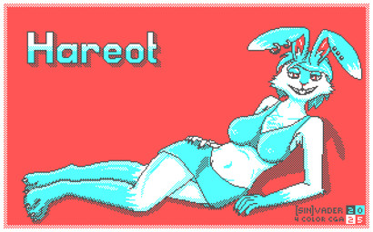 4_colors anthro arm_support barefoot bikini bikini_top blue_body blue_clothing blue_fur blue_hair border bottomwear breasts buckteeth cga cheek_tuft chest_tuft clothing digitigrade ear_piercing eyeliner facial_tuft feet female fur furgonomics furry-specific_piercing hair hand_on_hip leaning_on_elbow long_ears looking_at_viewer lying makeup nipple_outline nipple_piercing nipple_piercing_outline nipples on_side panties piercing ring_piercing short_hair simple_background skirt smile smiling_at_viewer solo swimwear teeth text tuft two-piece_swimsuit underwear white_body white_border white_fur [in]vader hareot_([in]vader) hare lagomorph leporid mammal 16:10 digital_media_(artwork) dithering pixel_(artwork) restricted_palette widescreen gynomorph_(lore)