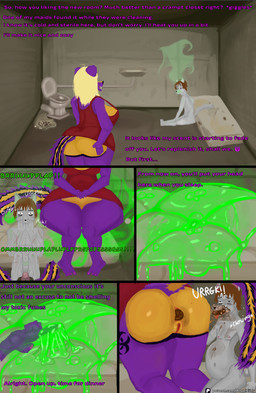 anthro big_breasts big_butt biohazard_symbol biohazard_tattoo black_body black_fur blonde_hair blue_eyes breasts brown_hair butt curvy_figure dispair duo eating_feces fart fart_cloud fart_fetish fart_torture feces feces_in_mouth female forced fur gag gagging grey_body grey_fur hair hazard_symbol larger_female male male/female markings purple_body purple_fur sadism size_difference skunk_stripe slave smell smelly stench striped_body striped_fur striped_markings striped_tail stripes symbol tail tail_markings tattoo text thick_thighs toilet_slave voluptuous voluptuous_female wide_hips yellow_body yellow_fur victoria_von_werner_(angelkiitty) canid canine canis domestic_dog humanoid mammal mephitid skunk absurd_res comic english_text hi_res