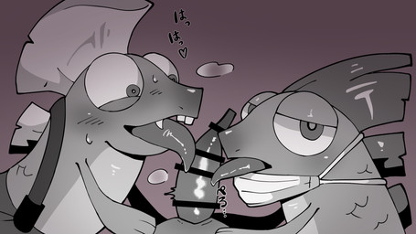 anthro blush censor_bar clothing collaborative collaborative_fellatio collaborative_oral collaborative_sex erection fellatio fin genitals group group_sex ineffective_censorship licking male male/male mask oral overalls penile penis penis_lick sex text threesome tongue tongue_out trio ruhuna3 nintendo splatoon aquatic drizzler_(splatoon) fish salmonid_(splatoon) steel_eel_driver censored hi_res japanese_text