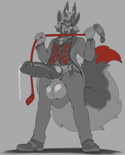 accessory animal_genitalia animal_penis anthro balls belt big_balls big_penis bodily_fluids bottomwear canine_genitalia canine_penis cheek_tuft clothed clothing collar dress_shoes dripping eyebrows facial_tuft fangs fluffy fluffy_tail footwear genital_fluids genitals horn huge_balls huge_penis knot leash looking_at_viewer male markings necktie open_bottomwear open_clothing open_pants pants penis precum precum_drip scar shoes simple_background smug_grin solo suit tail tail_markings teeth tuft sallandril mythology oxvin canid canid_demon canine demon hellhound mammal mythological_canine mythological_creature hi_res