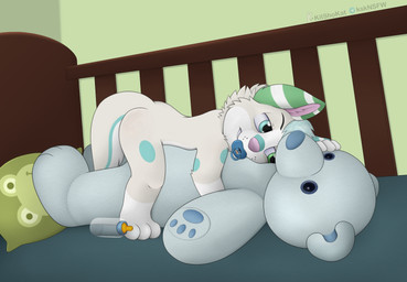 anthro baby_bottle male neonate pacifier plushie solo teddy_bear toddler young young_anthro anowotternpc canid canine canis inanimate_object mammal wolf