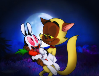 anthro carrot caught_in_the_act collar duo eye_contact fangs food half-closed_eyes looking_at_another love male male/male narrowed_eyes open_mouth plant red_eyes smile teeth tongue tongue_out vegetable yellow_eyes amegared bunnicula_(series) bunnicula chester_(bunnicula) domestic_cat felid feline felis lagomorph leporid mammal rabbit vampire