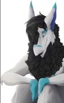 5:8 blue_eyes chest_tuft hair hi_res king_chulapa looking_at_viewer male neck_tuft portrait sergal sitting smile solo tuft unknown_artist