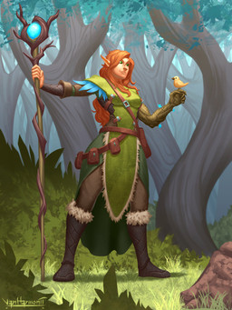 ambiguous_gender armor boots breasts clothing druid duo female feral footwear forest grass green_clothing holding_character holding_object holding_staff humanoid_pointy_ears leather leather_armor looking_down magic_user outside plant pointy_ears pouch_(clothing) shoes smile staff tree tribal_spellcaster vanharmontt avian bird elf humanoid 2022 3:4 absurd_res digital_media_(artwork) hi_res