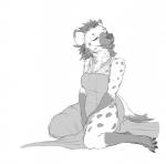 anthro chest_tuft claws clothing dress eyes_closed fangs female fur gnoll gnollbard hi_res hindpaw hyena mammal monochrome paws shycryptid sketch smile solo spots spotted_hyena teeth tuft